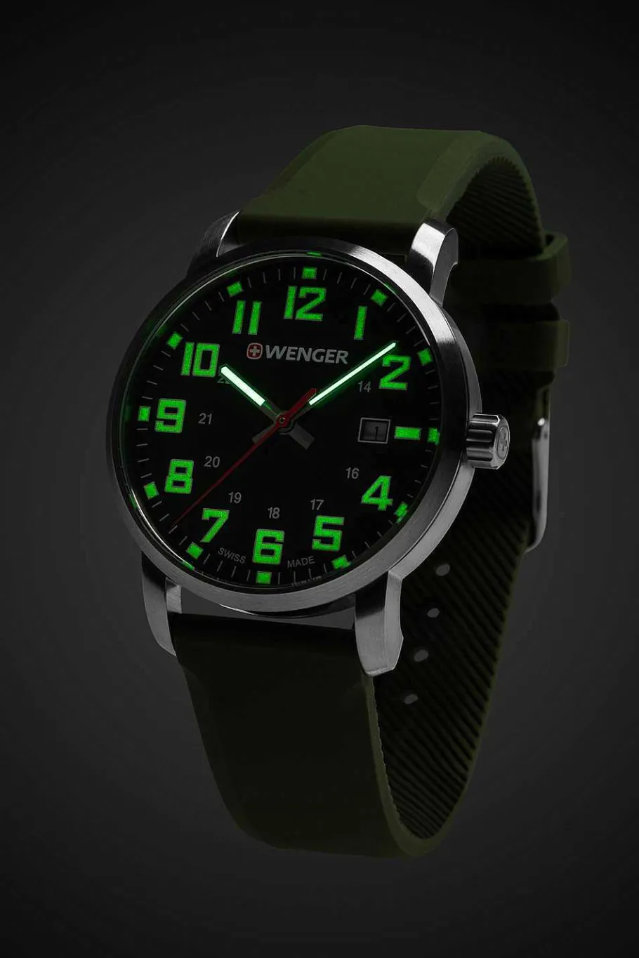 Hot SWISSGEAR Wenger Avenue Watch - Stainless Steel With Black Dial And Green Silicone Strap