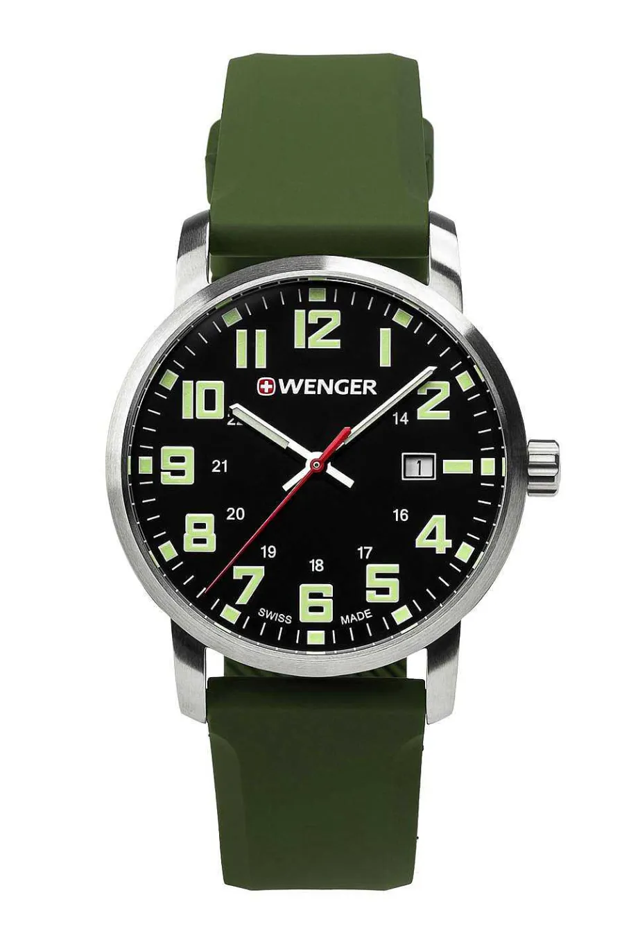 Hot SWISSGEAR Wenger Avenue Watch - Stainless Steel With Black Dial And Green Silicone Strap