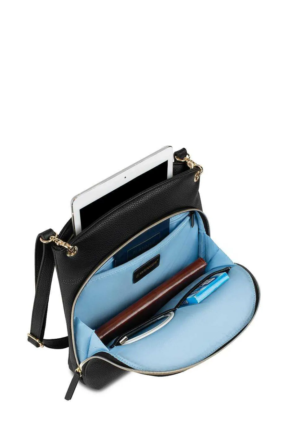 Shop SWISSGEAR Wenger Leasophie Tablet Crossbody Bag - Black/Sky Blue